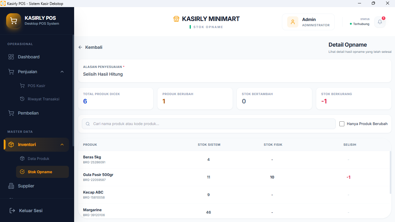 Detail stok opname Kasirly POS menampilkan selisih stok sistem dan fisik