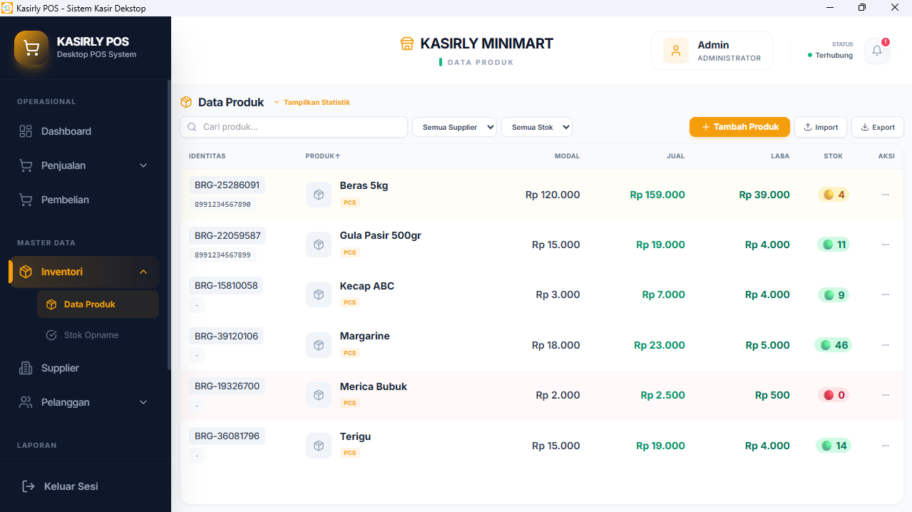 Halaman data produk Kasirly POS dengan modal, harga jual, laba, dan stok